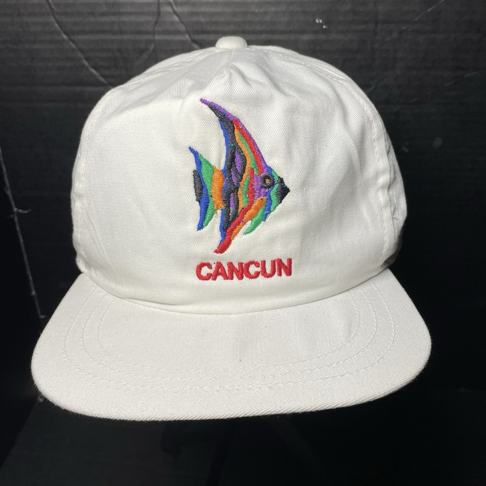 Vintage Cancun Snapback Cap Hat White Embroidered Multi Color Fish